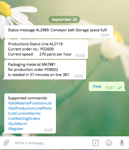 Triggers of the OPC Router connections are displayed as commands in the Telegram Client and can be called directly from here.