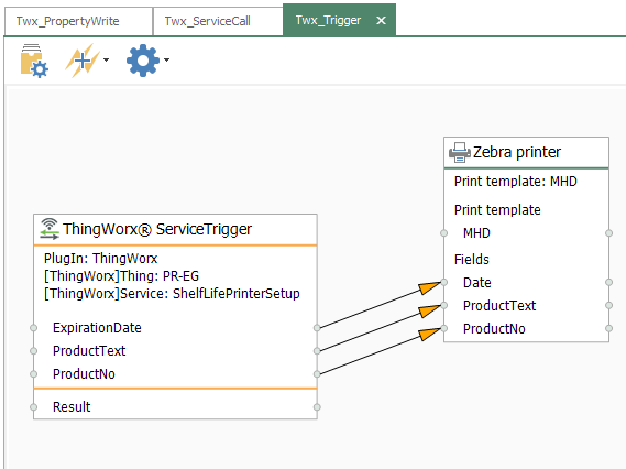 ThingWorx calls a service in the OPC Router (Trigger) and passes data fields, which in this case are passed to a Zebra printer.