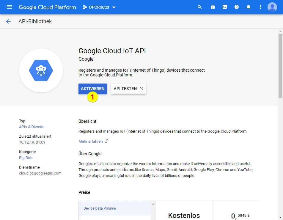 Google Cloud Platform – Google Cloud IoT API aktivieren
