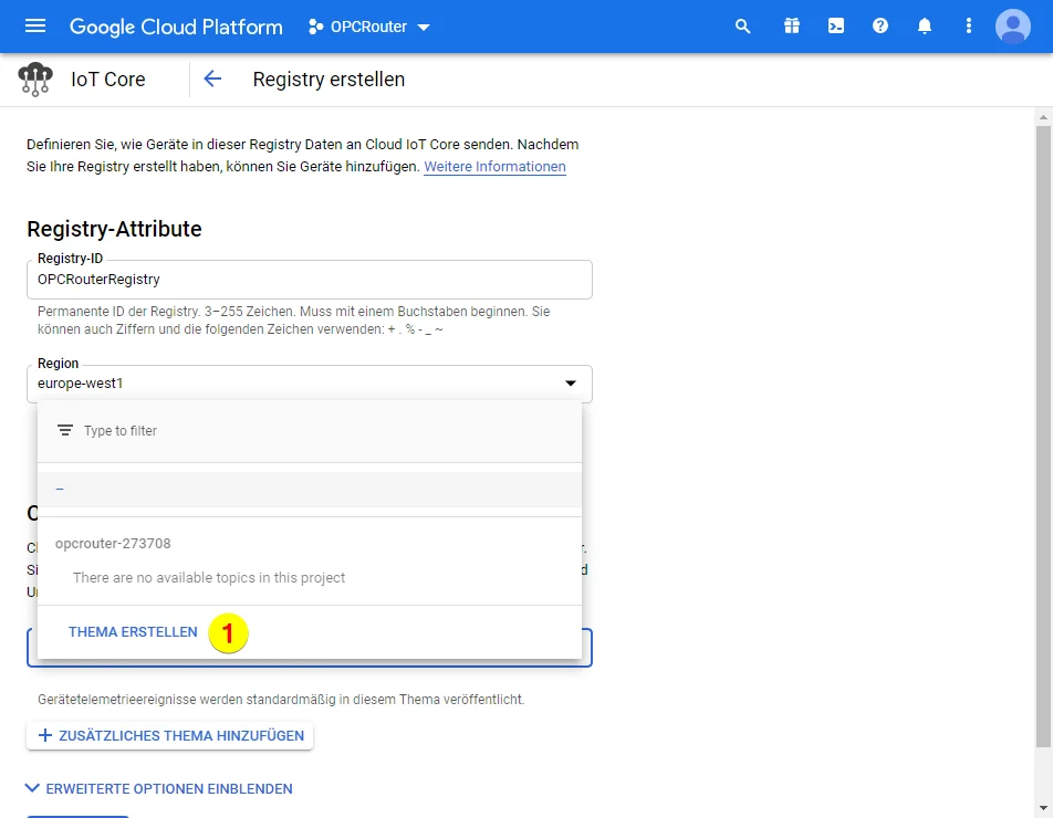 Google Cloud Platform – Thema erstellen