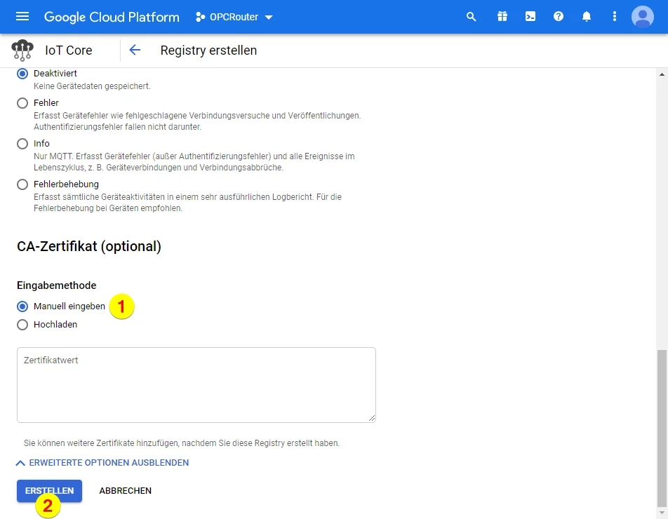Google Cloud Platform – CA-Zertifikat
