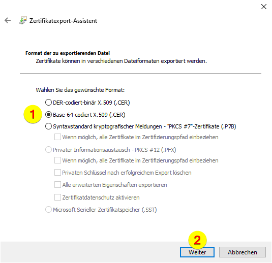 Zertifikatexport-Assistent - Formatwahl