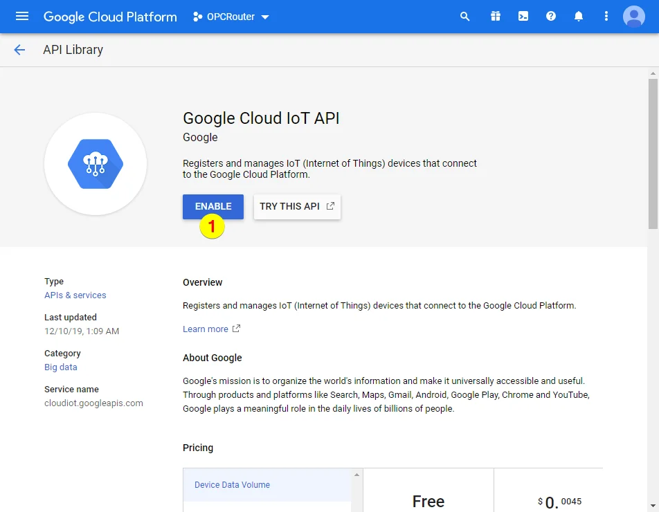 Google Cloud Platform – Google Cloud IoT API enable