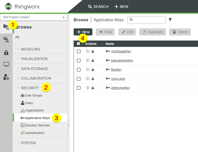 Einen Schlüssel bei Thingworx für die Verbindungsherstellung erstellen