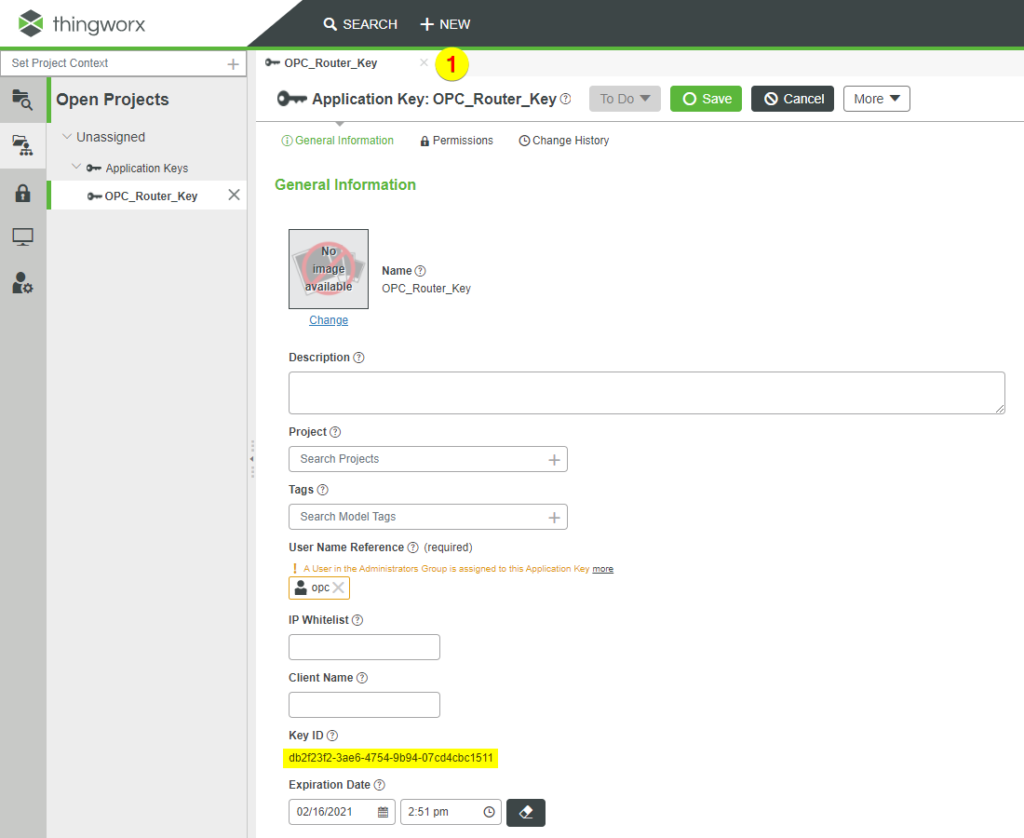 Application Key OPC Router Thingworx