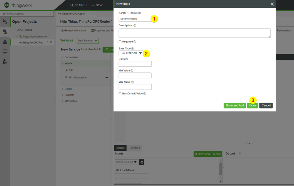 Thingworx Inputs hinzufügen