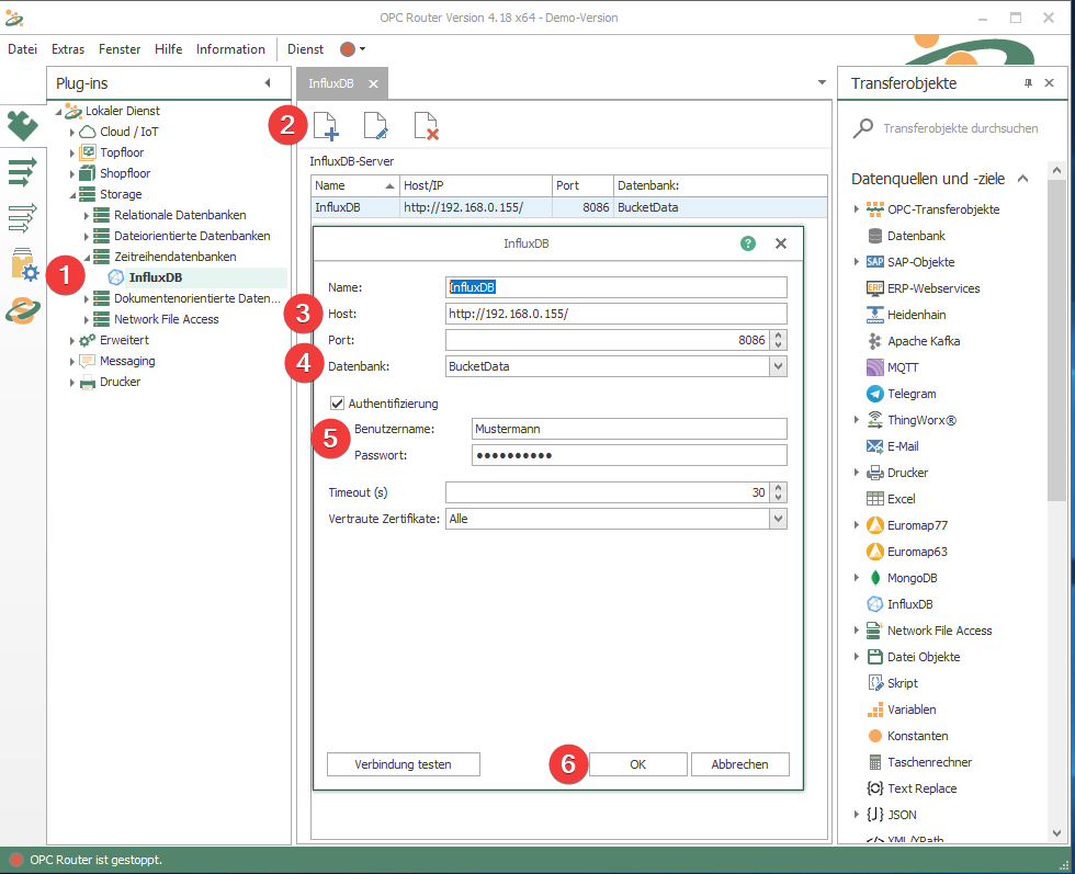 Im OPC Router das InfluxDB Plugin anlegen