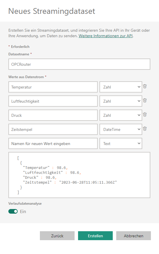 Neues Streamingdataset konfigurieren