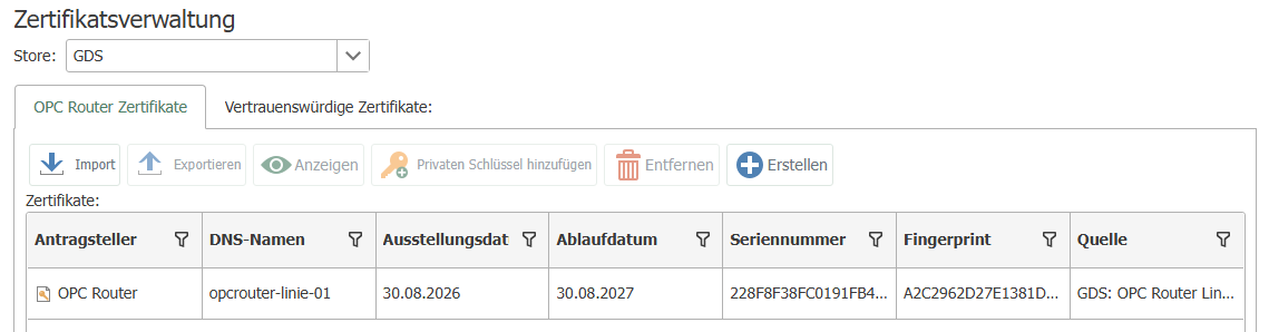 Zertifikatsverwaltung GDS-Verwaltung im OPC Router